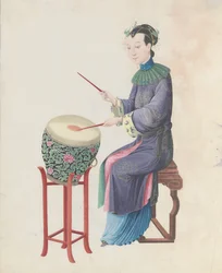 Aquarell eines Musikers, der Trommel spielt, spätes 18. Jahrhundert