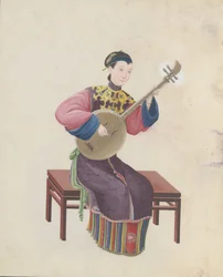 Aquarell eines Musikers, der Ruan spielt, spätes 18. Jahrhundert