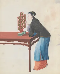 Aquarell eines Musikers, der Yunluo spielt, spätes 18. Jahrhundert