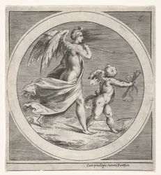 Geflügelte weibliche Figur, drapiert und einen Stab tragend, schreitend hinter einem geflügelten Putto..., ca. 1550-1600