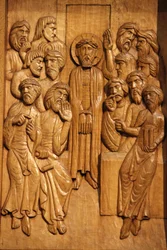 Holzskulptur, die Jesus Christus gefesselt darstellt, Paris, Frankreich