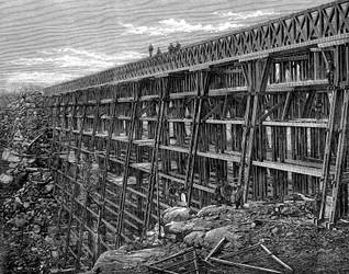 Holzbrücke auf der Union Pacific Railroad, Dale Creek, Wyoming, USA, 1869