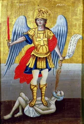 Erzengel Michael: griechische Ikone von den Kykladen, datiert 1817 mit zeitgenössischem Rahmen