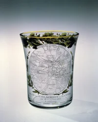 Geblasener, gefärbter und emaillierter Becher, dekoriert von Samuel Mohn, 1813-14