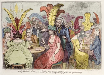 Lady Godivas Rout - oder - Peeping Tom Spying out Pope Joan Satirische Karikatur über modische Bescheidenheit