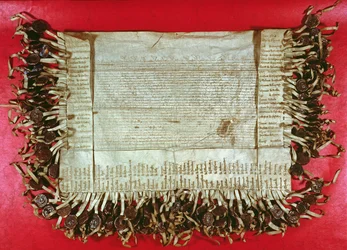 Mittelalterlicher Protestbrief des böhmischen Adels gegen die Behandlung von Jan Hus (ca. 1369-1415) durch das Konzil von Konstanz, 1415-16