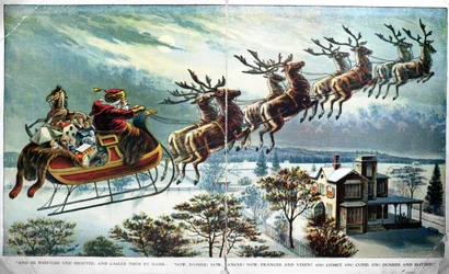 Der erste Ausflug des Weihnachtsmanns mit Schlitten und Rentieren, Illustration zu „Ein Besuch vom heiligen Nikolaus“ von Clement Clarke Moore (1779-1863), 1890er Jahre