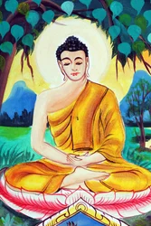 Wat Inpeng buddhistischer Tempel. Gemälde, das die Lebensgeschichte von Shakyamuni Buddha darstellt. Buddha im Meditationspose