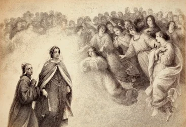 Eine Schar von Schatten nähert sich Dante und Beatrice. Illustration von Canto V in Paradiso der Göttlichen Komödie von Dante Alighieri. Werk von Francesco Scaramuzza, gewidmet der Gemeinde Florenz.