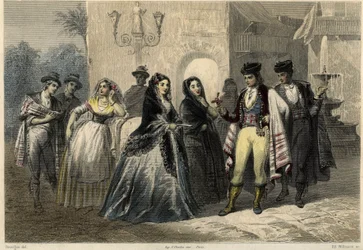 Eine galante Szene auf Mallorca (Mallorca, Mallorca), ein junger Mann bietet einem Mädchen eine Blume an. Im Buch über das Mittelmeer von Louis Enault (1824-1900), einem französischen Journalisten und Reisenden.