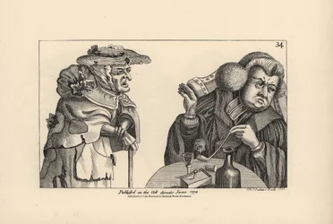 Ein wohlgenährter reicher Pfarrer mit Tabakspfeife und Schnaps ignoriert die Bitten einer armen alten Frau. Kupferstich von Thomas Sanders nach einer satirischen Illustration von Timothy Bobbin (John Collier) aus Human Passions Delineated, John Haywood, Ma