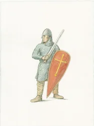 Eine Rekonstruktionsillustration, die einen normannischen Ritter um 1066 zeigt