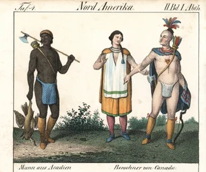 Akadischer Mann mit tätowiertem Körper und ein Paar kanadische Ureinwohner. Lithographie aus dem Buch: „Galerie complète en tableaux fidèles des peuples d