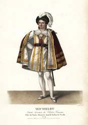 Schauspieler Pierre Marie Nicolas Michelot als Comte Almaviva in Le Barbier de Seville von Pierre Beaumarchais, Théâtre Français
