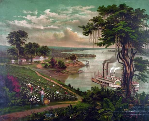 Afroamerikaner pflücken Baumwolle auf einer Plantage am Mississippi, um 1883