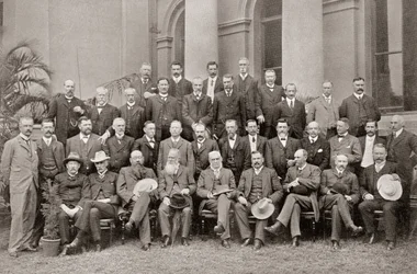 Afrikanische Kolonialmitglieder der Closer Union Convention von 1908, die Bedingungen erreichten, die dazu führten, dass das britische Parlament den South Africa Act von 1909 verabschiedete.
