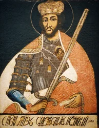 Alexander Newski als Kriegerheiliger in einem Porträt eines unbekannten Künstlers aus dem frühen 18. Jahrhundert, Staatliches Historisches Museum, Moskau