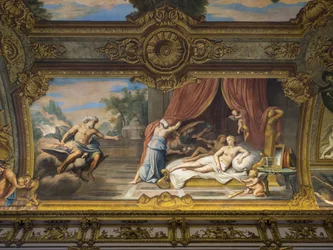 Allegorie des Feuers, die Jupiter und Semele darstellt, Louis XIII besucht Anne von Österreich (Konzeption von Louis XIV). Gemälde des Gewölbes der Galerie doree, von Francois Perrier