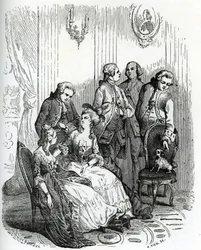 Ein Abend im Schloss von Vaux-le-Vicomte zur Zeit von König Ludwig XV. (1710-1774). 19. Jahrhundert (Gravur aus „Mysteres des vieux chateaux de France“ von Le Francois)