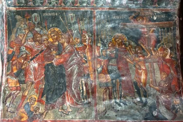 Antike Fresken; Wandmalereien; Judaskuss; Kreuzigung Jesu; Kirche Panagia und Sotiras; griechisch-orthodoxe Kirche; Roustika; Kreta; Griechenland; Europa
