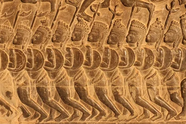 Angkor Wat. Detail der Reliefskulptur aus der Schlacht von Kurukshetra Siem Reap Kambodscha