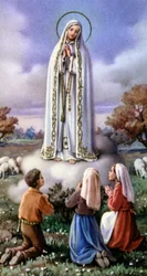 Erscheinung der Jungfrau Maria vor drei kleinen Hirten in Fatima, Portugal (1917), ca. 1920-30 (Postkarte)