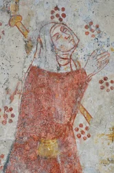 Avy, Kirche Notre Dame. Wandgemälde aus dem 14. Jahrhundert (Jungfrau und Kind umgeben, Verehrung durch Pilger begleitet von ihren heiligen Schutzpatronen)