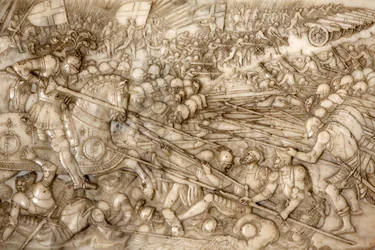 Basilika von St. Denis, Grab von Franz I. König von Frankreich und Claude von Frankreich, Fundamentrelief, Darstellung der Schlacht von Marignano 1515 - der siegreiche Eingriff von Franz I., Saint-Denis, Frankreich