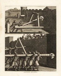 Rammbock und zwei Arten von Bohrern, um Wände zu durchbohren, oben, und zwei Rammböcke unten, einer von einem Dreieck gestützt und der andere auf den Schultern von Soldaten getragen
