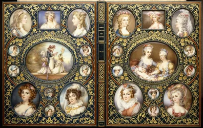 Einband mit vierundzwanzig Porträtminiaturen, aus dem Buch "Französische charakteristische Kostüme" von Richard Brinsley Peake, 1816