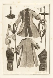 Buffmantel, Buffgürtel, vergoldeter Silberschwertgriff, Buffarmstück und Handschuh, Toledo-Schwert, Klinge und Scheide, und Griff