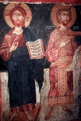 Christus mit dem Heiligen Konstantin Timios Stavros tou Agiasmati Kirche, Heiliges Kreuz von Agiasmati 15. Jahrhundert Zypern Bemalte Kirchen UNESCO-Stätte Troodos, Zypern