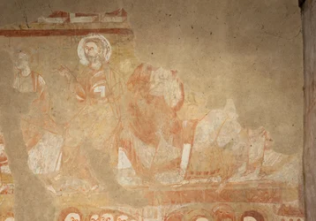 Kirche (Église Saint-Martin). Innenraum. Wandmalereien. Westwand des Kirchenschiffs. Detail. Apostel. 12. Jahrhundert.