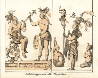 Sammlung von Zeichnungen von Tlapallan (Mexiko). Lithografie für das Buch: „Galerie complète en tableaux fidèles des peuples d
