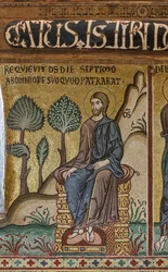 Zyklus von Mosaiken über das Alte Testament, Zyklus der Schöpfung: "Die Ruhe des Schöpfers am siebten Tag", XII. Jahrhundert, Die Palatinkapelle, Der Königspalast oder Palazzo dei Normanni, Palermo, Sizilien, Italien