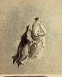 Dante und Beatrice fliegen durch das Firmament des Paradieses. Illustration des Canto I von Paradiso aus der Göttlichen Komödie von Dante Alighieri. Werk von Francesco Scaramuzza, gewidmet der Gemeinde Florenz.