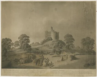 Dudley Castle: - Der Bergfried: Aquatinta mit gravierter Beschreibung, um 1793