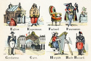 E Kirche Eskimos - F Sessel Falkner - G Gendarm Bahnhof - H Harfenspieler Axt Husar - Alphabet - Kinderunterhaltung - Image Epinal, populäre Serie ca. 1890