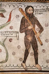 Ich bin ein wilder Mann von Natur, diejenigen, die mich beleidigen, werde ich in Angst versetzen, Fresko, Homo Salvadego Museum, Sacco, Cosio Valtellino, Lombardei, Italien