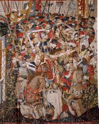 Flämischer Wandteppich. Serie Der Trojanische Krieg. Tod des Achilles. Achter Wandteppich der Serie. Modell Coëtivy Meister (Henry oder Conrard de Vulcop). Herstellung Tournai Werkstätten. Ca 1470. Stoff Wolle und Seide, 6/7 Kettfäden pro cm. Größe 482 x 9