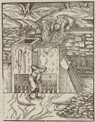 Ofen zum Erhitzen des Golderzes - Gravur aus Beschreibung der Erze und der wichtigsten Bergbaumethoden, von Lazarus Ecker