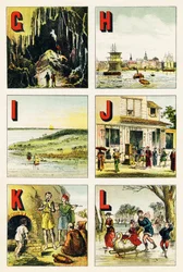 G H I J K L: Grotte, Hamburg, Insel, Japan, Kabylie, See - Gravur aus Alphabet geographique. Guerin-Muller et Cie, Verleger, Paris