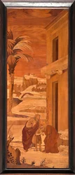Genua, Duomo (St. Laurentius Kathedrale), innen, Apsis, Chor, Nordseite: "St. Johannes der Täufer verabschiedet sich von seiner Familie", Holzintarsie von Vincenzo und Tommaso Garassino (19. Jahrhundert)