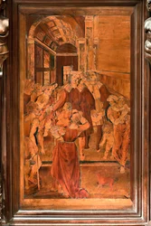 Genua, Duomo (St. Laurentius-Kathedrale), innen, Presbyterium, Apsis, Chor, Nordseite: "Die Barmherzigkeit des Hl. Laurentius", Holzeinlegearbeit von Gian Michele De