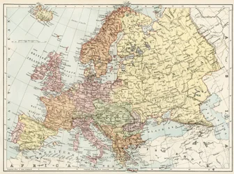 Geografische Karte Europas in den 1870er Jahren. Farbige Lithographie des 19. Jahrhunderts