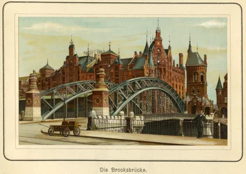 Deutschland, Hamburg, die „Brooksbrücke“ und im Hintergrund die Speicherstadt, ca. 1890 (Lithographie)