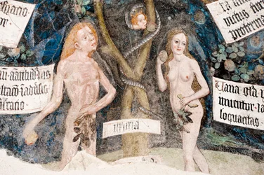 Gotisches Fresko; Adam und Eva sündigen; mit der Schlange; 8. Kreuzgang; Kathedrale; Brixen; Südtirol; Italien