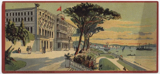 Große Hotels: Außenansicht des Therapia-Sommerpalastes in Konstantinopel in der Türkei - Karte einer Serie, die die Hotels der „Compagnie Internationale des Grands Hotels“ präsentiert, Ende 19. Anfang 20. Jahrhundert