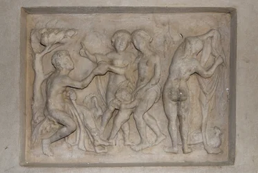 Griechische Mythologie: das Urteil des Paris. Der Hirte Paris muss die schönste der drei Göttinnen aus Aphrodite (Venus), begleitet von Amor, Hera (Juno) und Athena (Minerva) wählen. Er wählt Aphrodite, der er einen goldenen Apfel überreicht. Relief