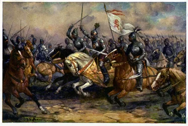 Geschichte. Frankreich. Hundertjähriger Krieg. Der König Johann von Böhmen (Johann der Blinde) in der Schlacht von Crécy, 26. August